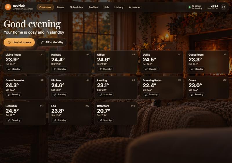 The Overview screen: a greeting, Heat all zones and All to standby buttons, and a card for each room with its temperature