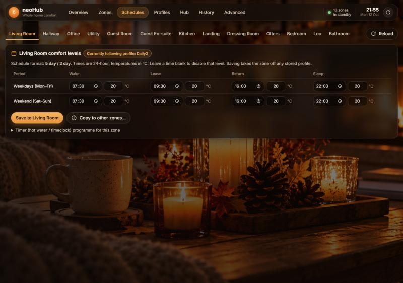 Schedules screen showing weekday and weekend times and temperatures for the Living Room